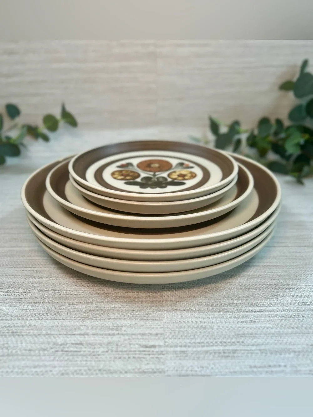 Vintage Langley England Stoneware Plates Set of 8 Retro Floral Brown Orange